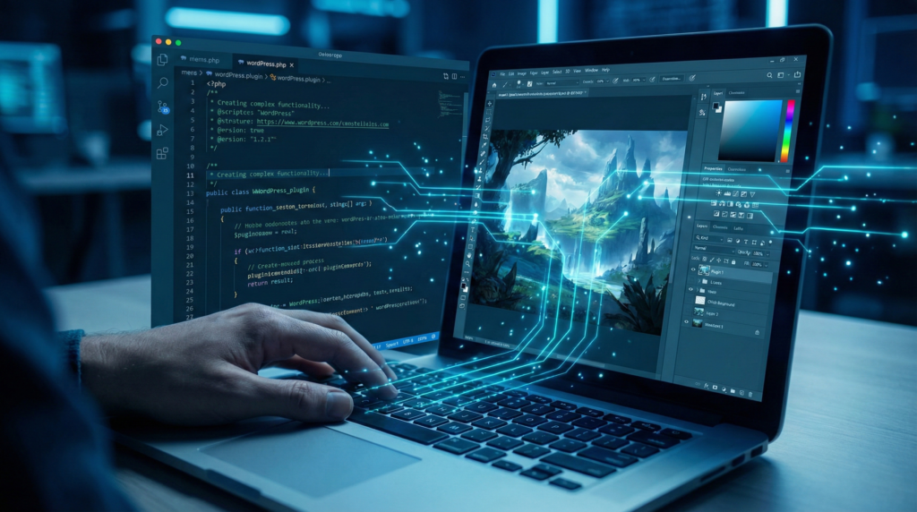 ラップトップの分割画面で、AIが支援するWordPressプラグインのコード生成と高品質なデジタルイラスト制作が同時に行われているクリエイティブな作業風景。