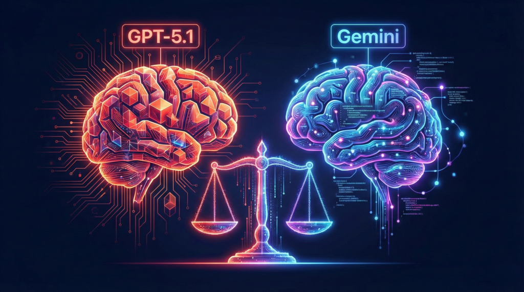 赤く幾何学的な構造を持つ「GPT-5.1」のデジタル脳と、青く流動的なデータ構造を持つ「Gemini」のデジタル脳が、中央の天秤で釣り合っている様子を描いた、AIモデル比較の抽象イラスト。
