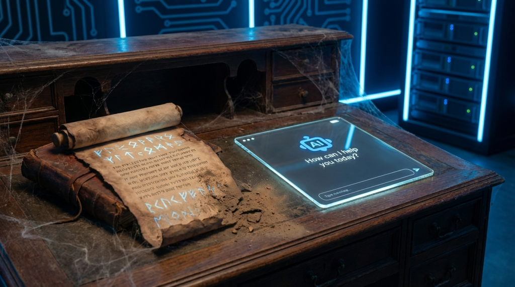 埃まみれの机の上で朽ちていく古い魔法の巻物(レガシーな手法)と、最新のAIチャットアシスタントを表示する透明なタブレットの対比。