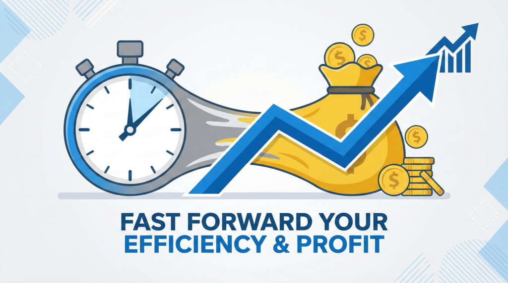 ストップウォッチと金袋をモチーフにした、業務時間の短縮とコスト削減を表すフラットデザインのイラスト