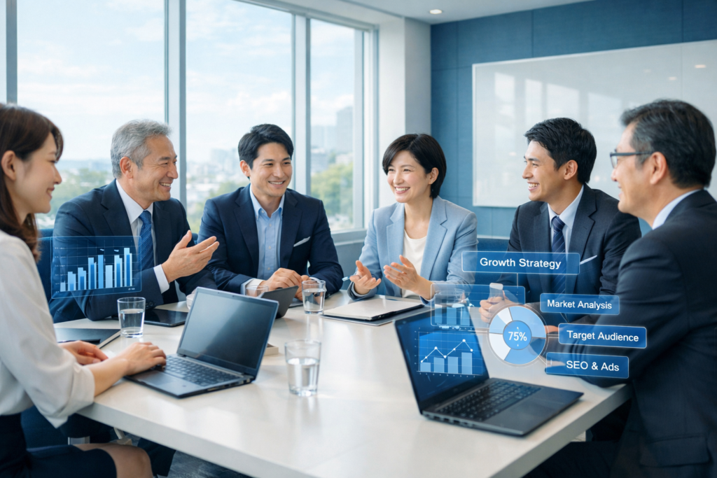 ChatGPT新機能で作成した高品質なオフィス会議の画像。プロンプトありの生成例