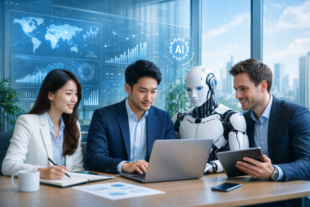 ChatGPTで詳細なプロンプトを指定して生成した高品質なオフィスとロボットのイラスト