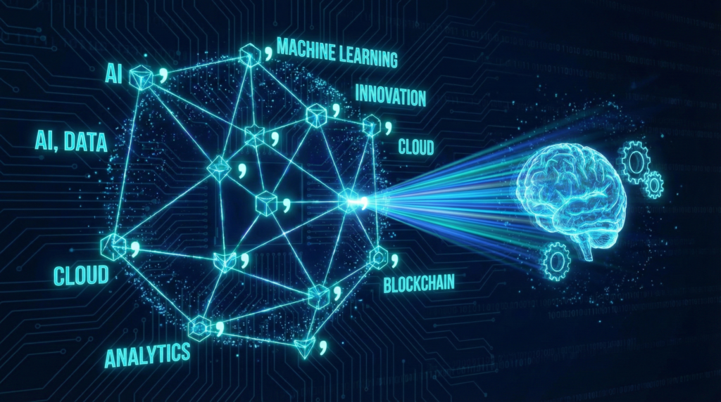 カンマで区切られた単語が繋がり合い、一つの星座のように画像を作り上げるイメージ