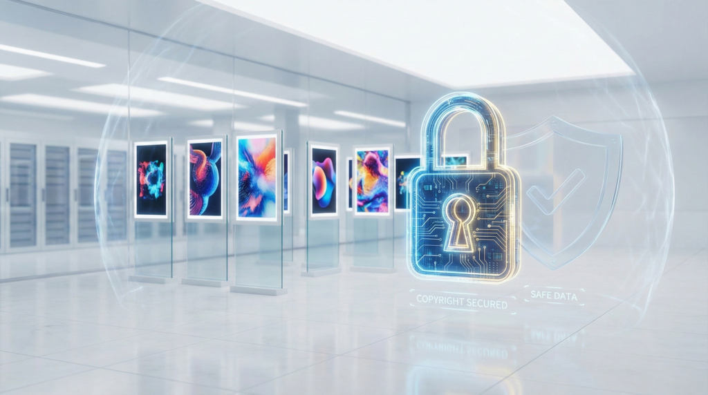 著作権保護と安全性を象徴する、デジタルな盾とアート作品が守られているイメージ