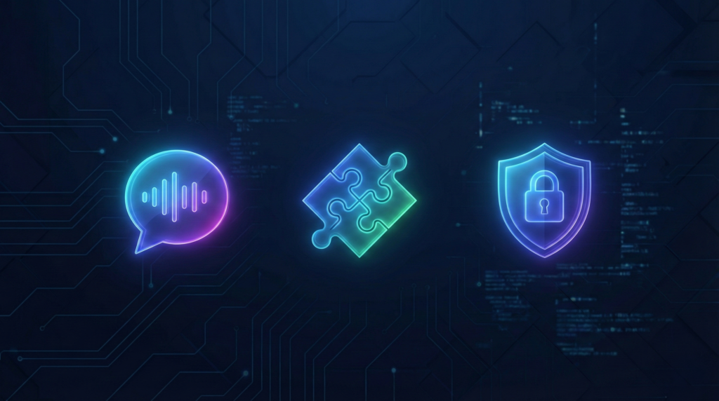 テクノロジー背景に浮かぶ、対話(吹き出し)、文脈統合(パズルピース)、セキュリティ制限(盾)を象徴する3つの青く光るホログラフィックアイコン。