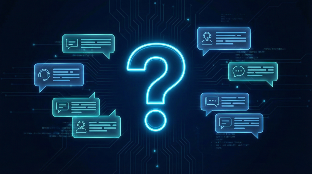 デジタル回路基板の背景に、ネオンブルーに光る大きなクエスチョンマークと、それを囲む複数のAIチャットボットによるサポートメッセージバブル。