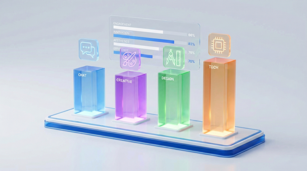 4つの異なる特徴を持つAIツールを象徴する、輝くガラスの柱とアイコンの比較イメージ