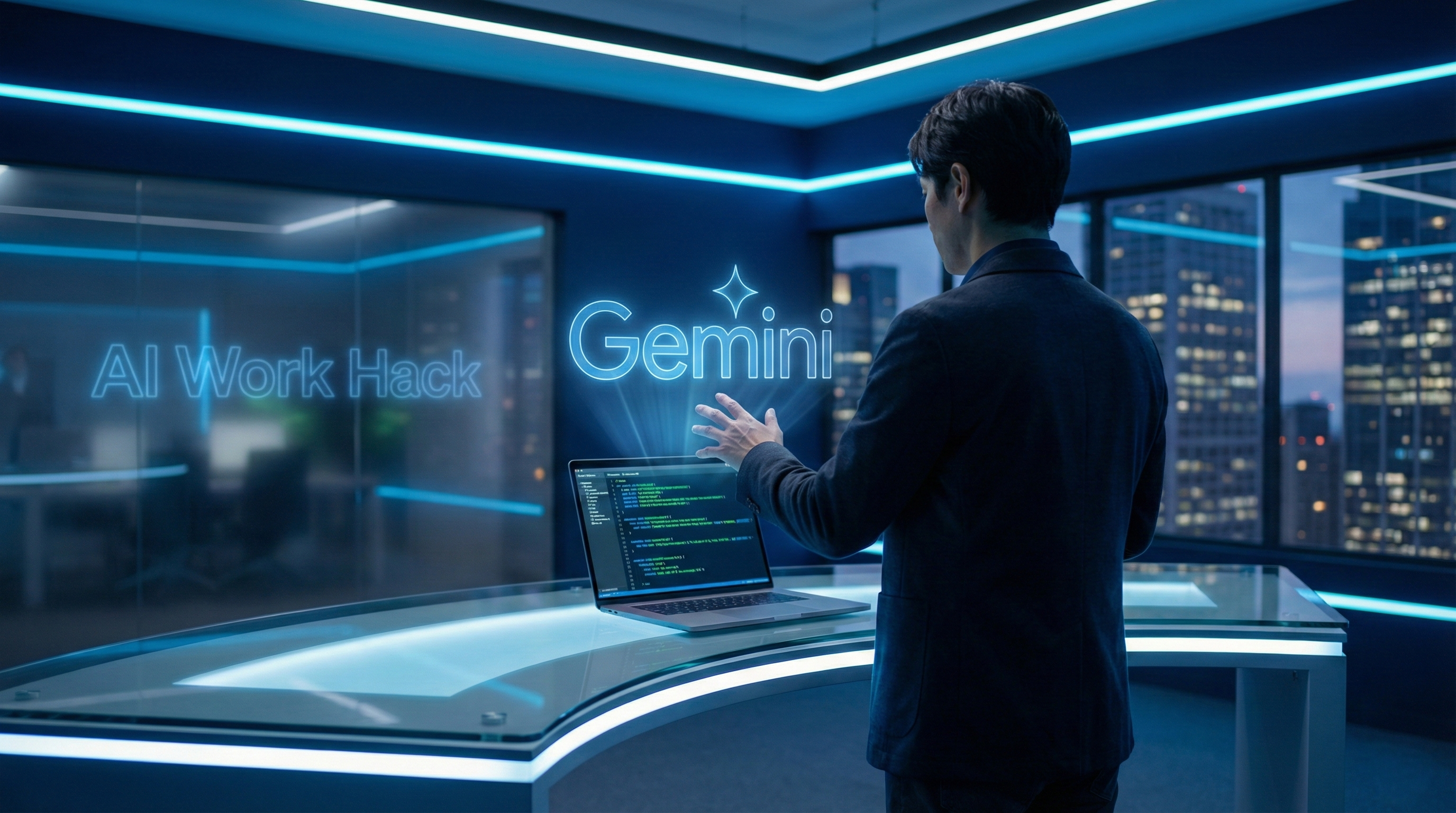 ネオンブルーの光に包まれた未来的なオフィスで、日本人ビジネスマンがGeminiのホログラムとWordPressのコードが表示されたノートパソコンに向かい、AIを活用した開発作業（AI Work Hack）を行っている様子。