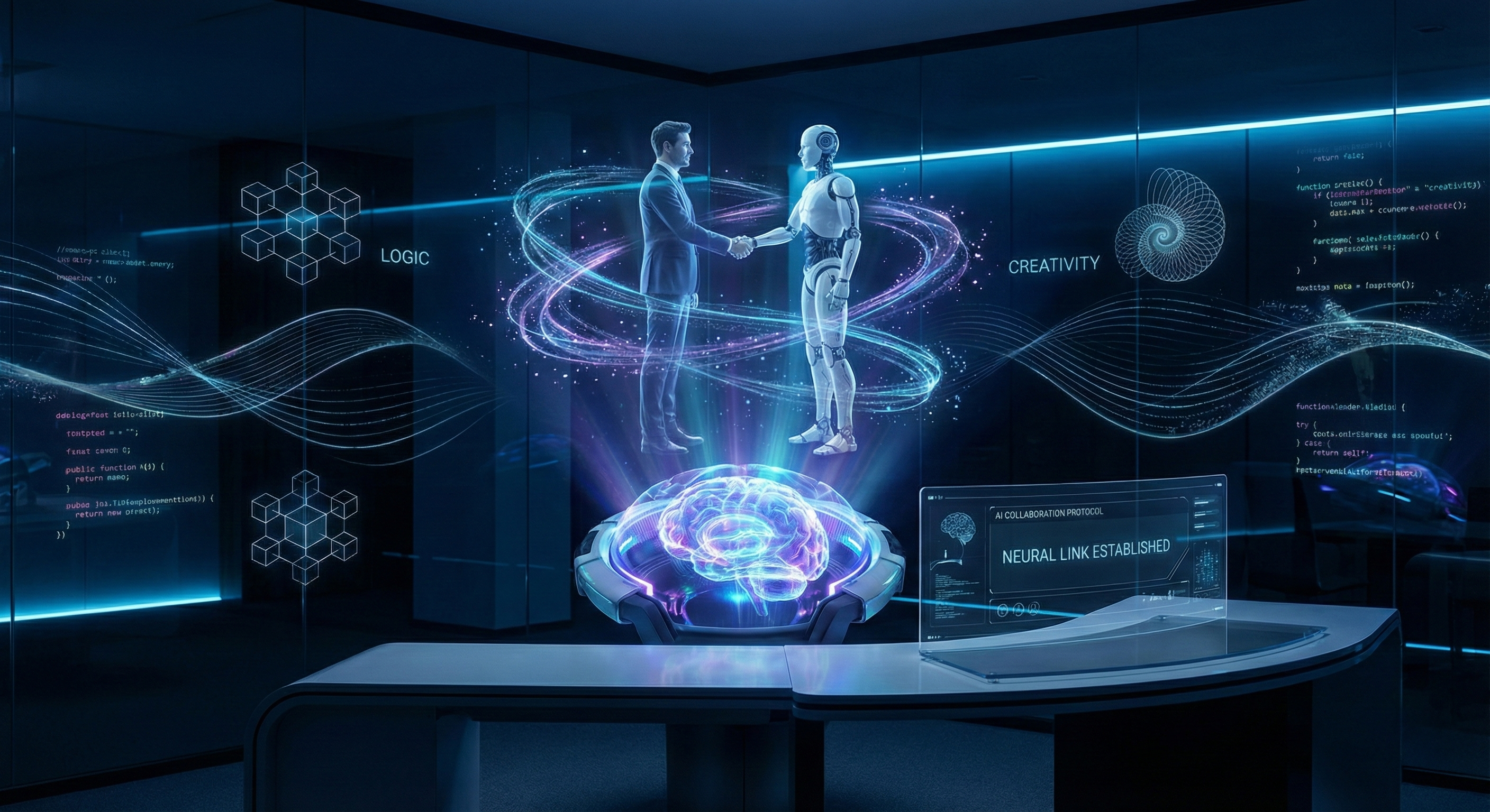 未来的なオフィスで、スーツを着た男性とAIロボットがホログラムで握手を交わしている様子。中央には光る脳インターフェース（ニューラルリンク）装置があり、周囲には「LOGIC」「CREATIVITY」の文字や複雑なデータストリームが流れている。手前のスクリーンには「NEURAL LINK ESTABLISHED」と表示され、人間とAIの高度な協力関係と技術的融合を視覚化している。