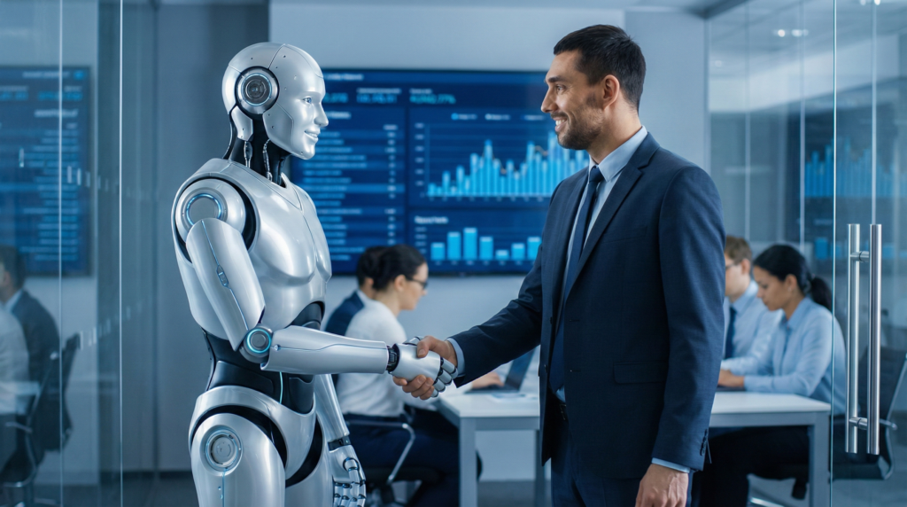 データ分析が表示されたオフィスで、人間のマネージャーが人型ロボット(AIアバター)と握手を交わし、ビジネスパートナーシップを築いている様子。