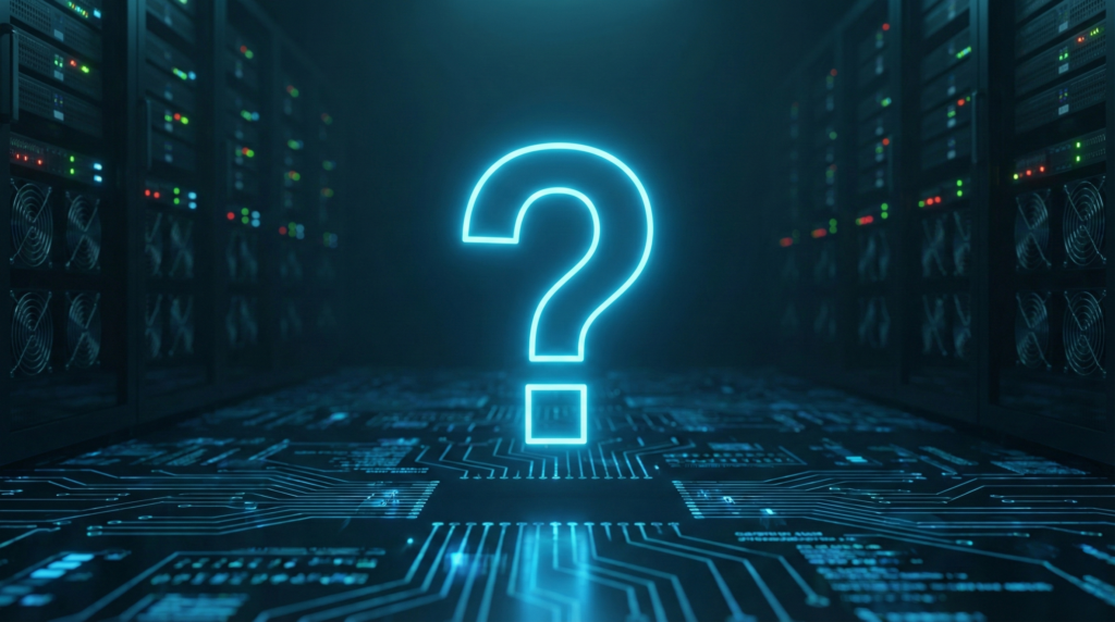 ほの暗いサーバーールームのラックの間に、巨大な青いネオンのクエスチョンマークが浮かんでいる3Dレンダリング画像。床のサイバー回路パターンとともに、データセンターにおけるトラブルシューティングやFAQ（よくある質問）を象徴している。