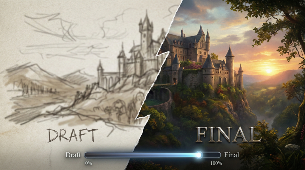 粗い画像が洗練された高品質なイラストへと進化・修正されていく過程を表したビジュアル