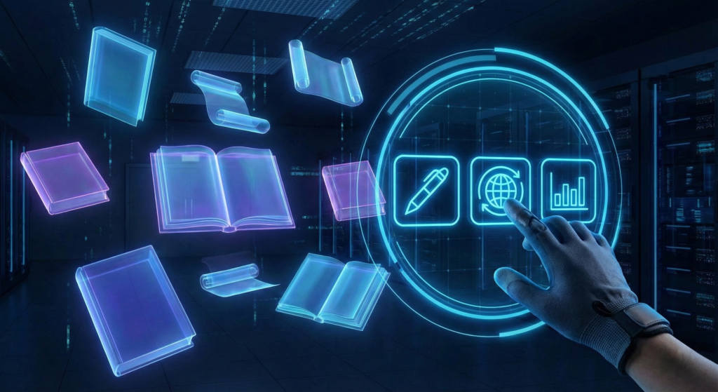 サーバーラックが並ぶ暗いサイバー空間に、光る本や巻物が浮かぶデジタルライブラリのビジュアル。手袋をしたユーザーの手が、執筆、地球（翻訳・グローバル）、グラフ（分析）のアイコンが表示された円形のホログラムタッチパネルを操作しており、仮想データベース内での情報整理やアクセス管理を行う未来的なインターフェースを示している。
