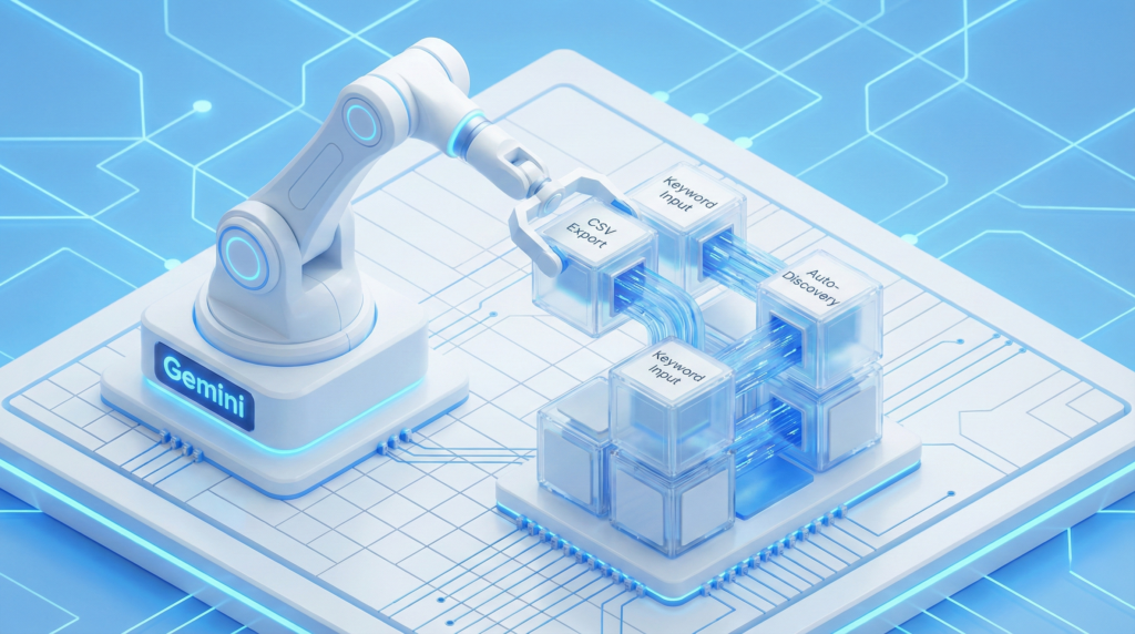 Gemini」のロゴ入りロボットアームが、「Keyword Input」「CSV Export」「Auto-Discovery」と書かれたブロックを組み立ててデジタルプラグインを構築している、アイソメトリック（等角投影）なイラスト。自動化されたツール開発プロセスを表現。