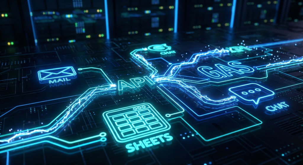 暗い回路基板のような背景に、ネオンブルーとシアンの光で描かれたAPI連携の概念図。中央の「API」と「GAS」というテキストハブを中心に、メール（MAIL）、スプレッドシート（SHEETS）、チャット（CHAT）のアイコンが光のラインで接続されており、異なるアプリケーション間でのデータフローと自動化されたワークフローを視覚的に表現している。