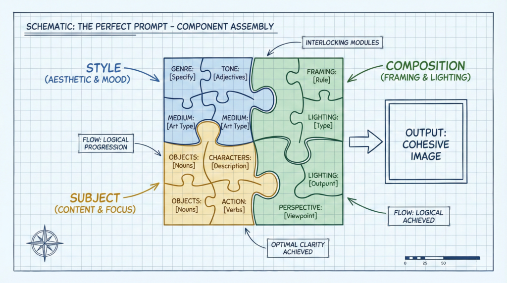 プロンプトの構成要素（スタイル・被写体・構図）がパズルのように組み合わさる様子を表した設計図風イラスト