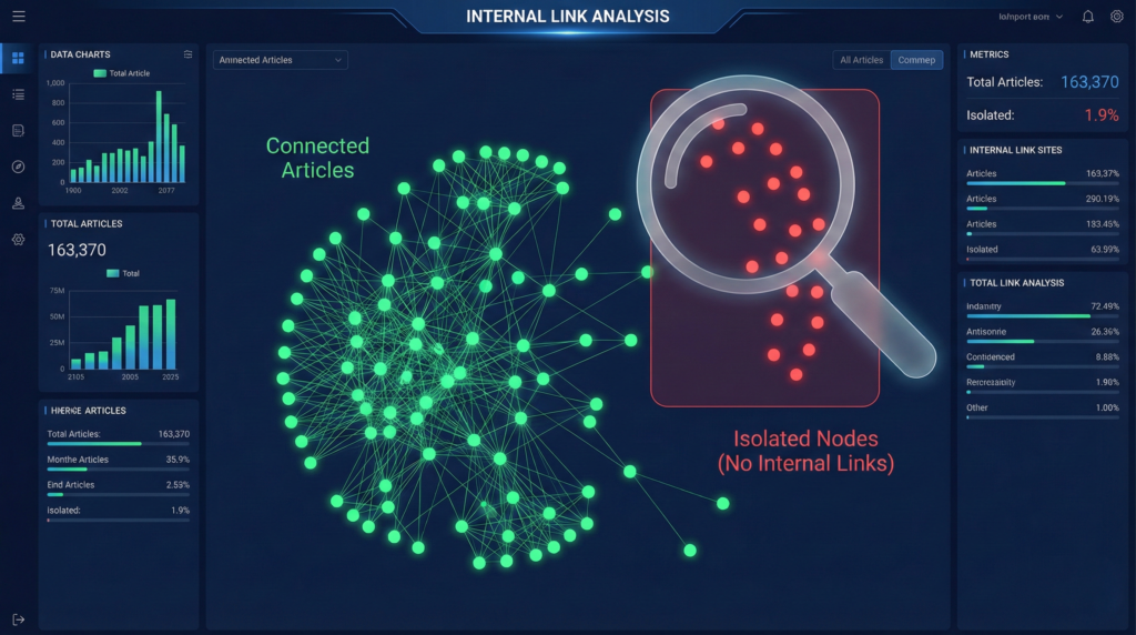 内部リンク分析のデジタルダッシュボード画面。緑色の点で示された相互接続された記事群と、虫眼鏡で強調表示された赤色の「Isolated Nodes（内部リンクのない孤立した記事）」群のネットワークグラフが対比されている。