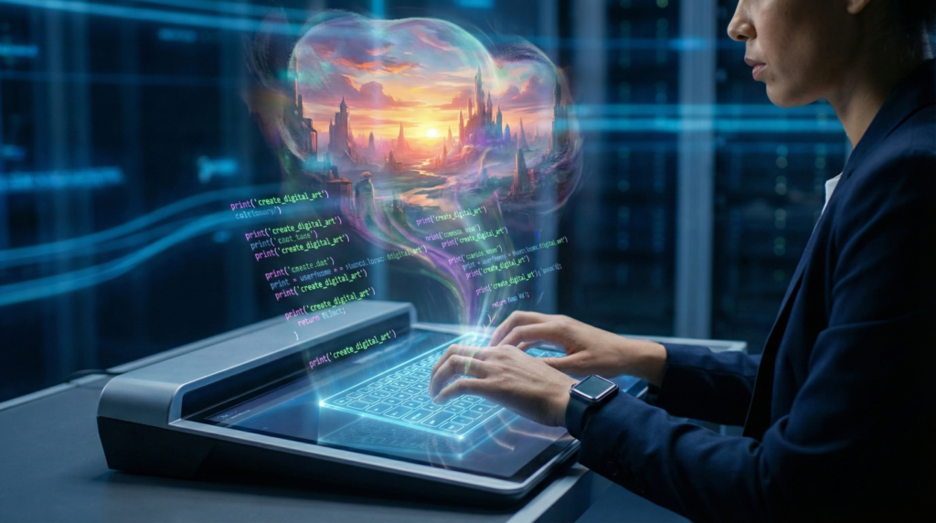 ホログラムキーボードに入力された文字が空中で鮮やかなイラストに変化していく様子を描いたイメージ画像