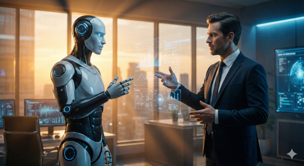 近未来のオフィスで、スーツを着た男性ビジネスマンと人型AIロボットが、空中に浮かぶホログラムのグラフデータを見ながら真剣に議論している様子。窓からは夕暮れの温かい光が差し込み、室内の青いテックライトと対比している。