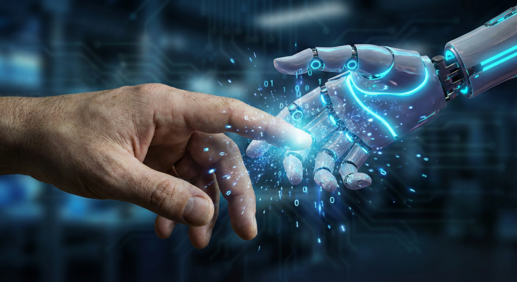 人間の手とAIのロボットハンドが触れ合い、デジタルなエネルギー（能力）が人間に注がれる様子