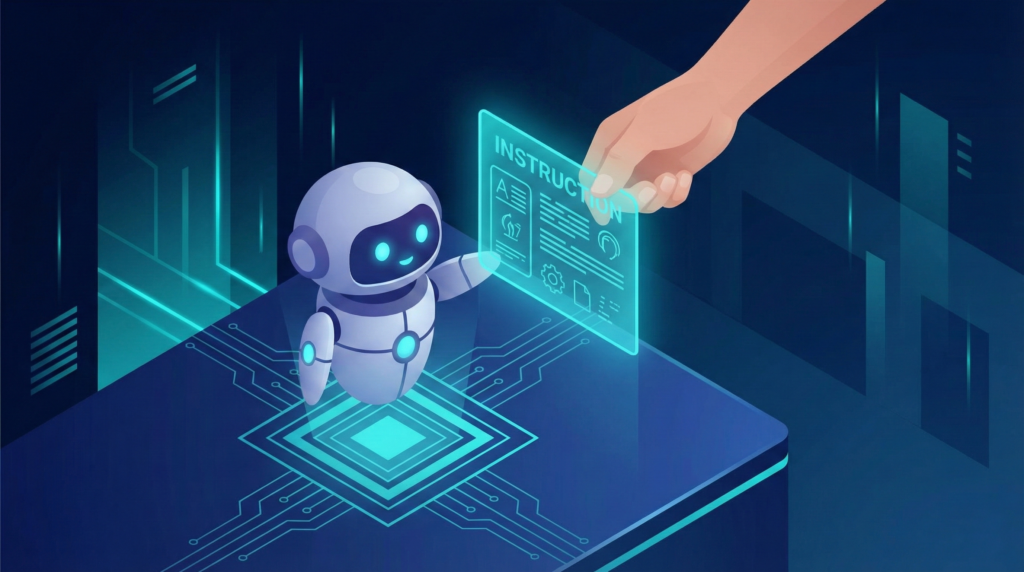 AIロボットが人間の渡す光るマニュアルを受け取っている図