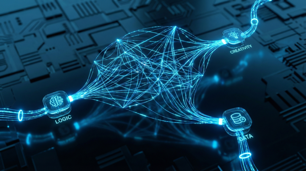 AIの脳内ネットワークとデータ処理の仕組みを表す抽象的なイメージ