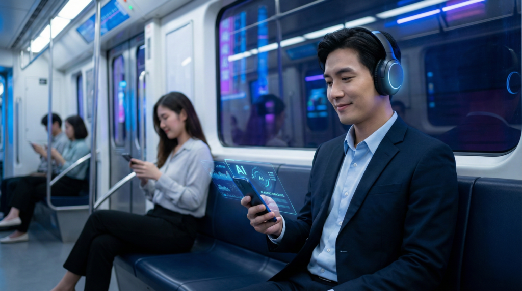 電車内でスマホを見ながらAI生成ポッドキャストを聴いて英語学習をする人