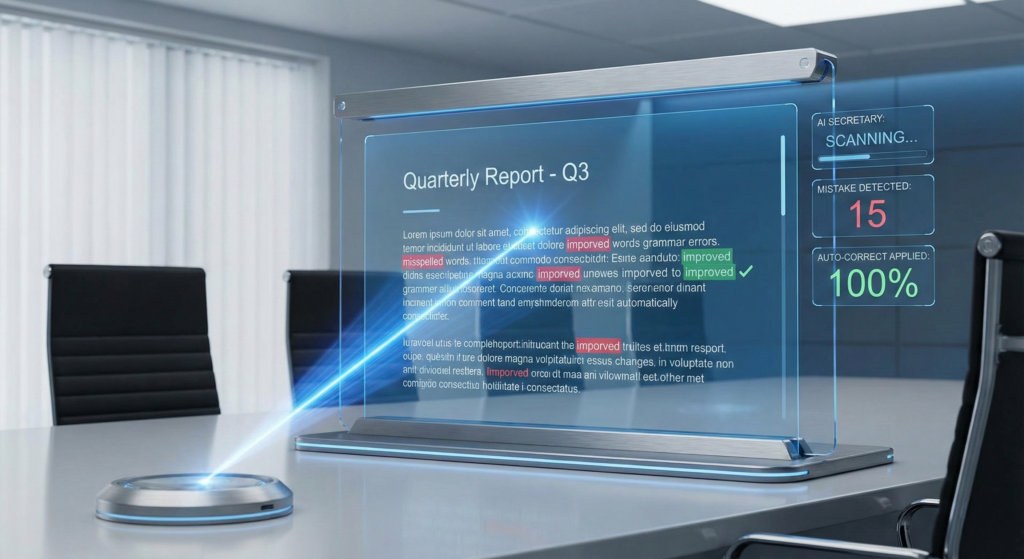 未来的なインターフェースで、AIが書類のミスを自動的にスキャン・修正している様子