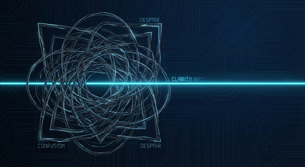 混乱した迷路（知恵袋の悩み）を一本の光る青い道（論理的な分析）が貫いているイメージ
