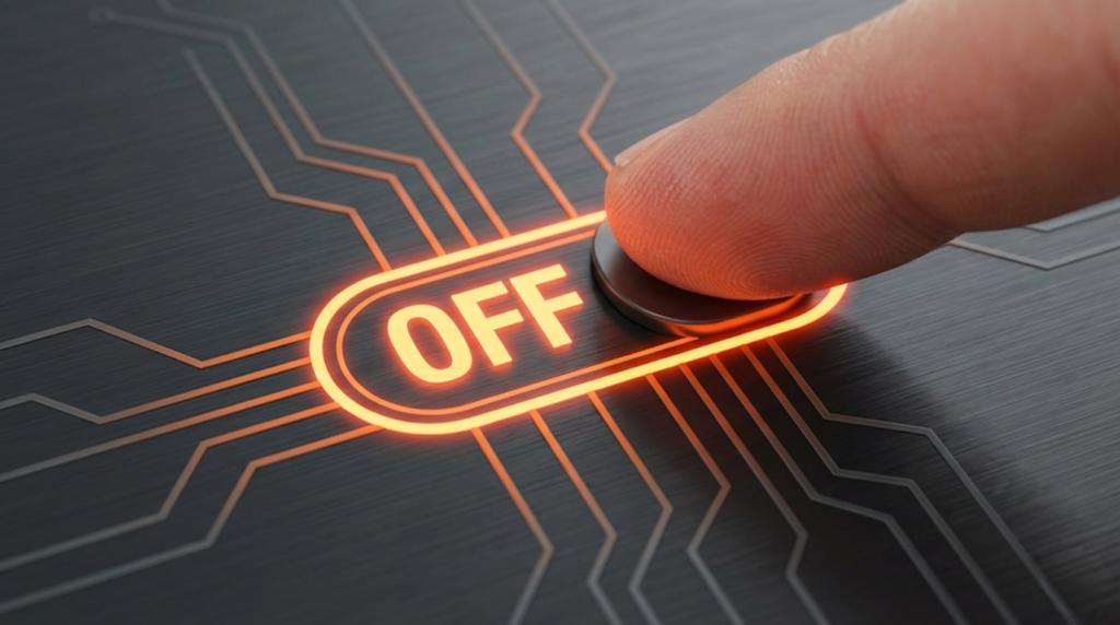 Androidの設定スイッチをOFFにする指先のアップ、デジタル回路が切断されるイメージ