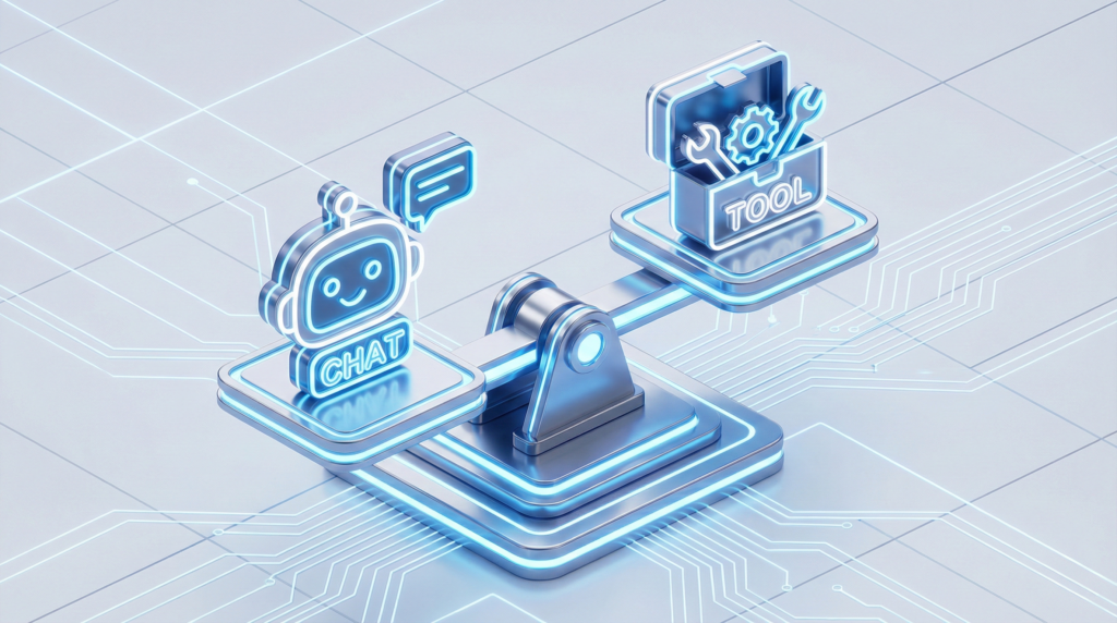 チャット型AIとツール型AIの特徴を比較する天秤のイラスト