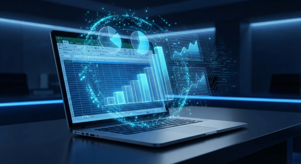 ChatGPTのデータ分析機能（Advanced Data Analysis）により、Excelの数値データが瞬時に美しいグラフとして可視化されている様子