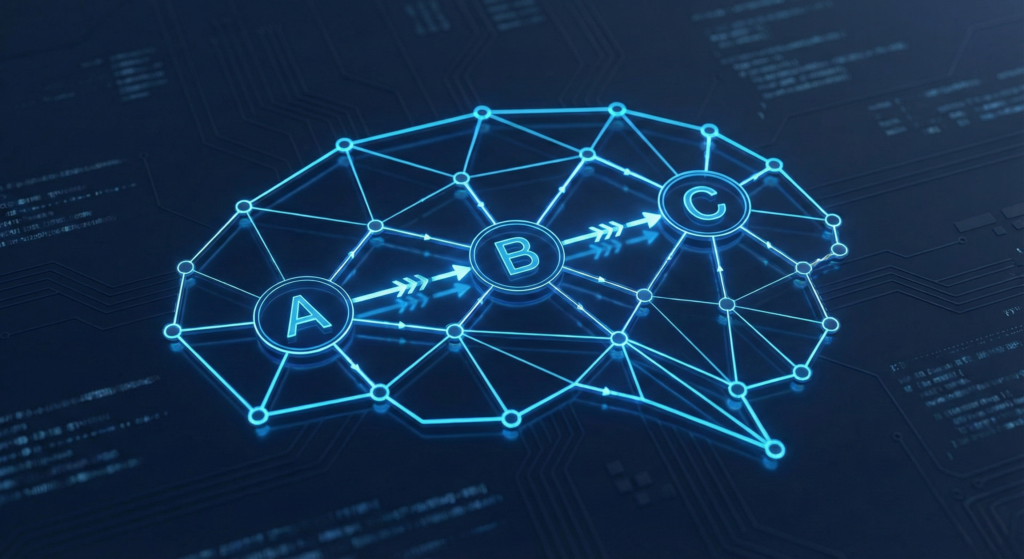 ChatGPTの「思考の連鎖（Chain of Thought）」プロンプトのイメージ図。思考プロセスがステップごとに論理的につながり、正解を導き出す様子