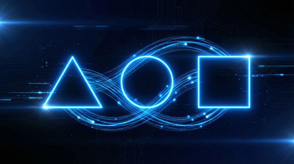 「明確・制約・文脈」を表す3つの幾何学的なアイコンが連携している抽象画