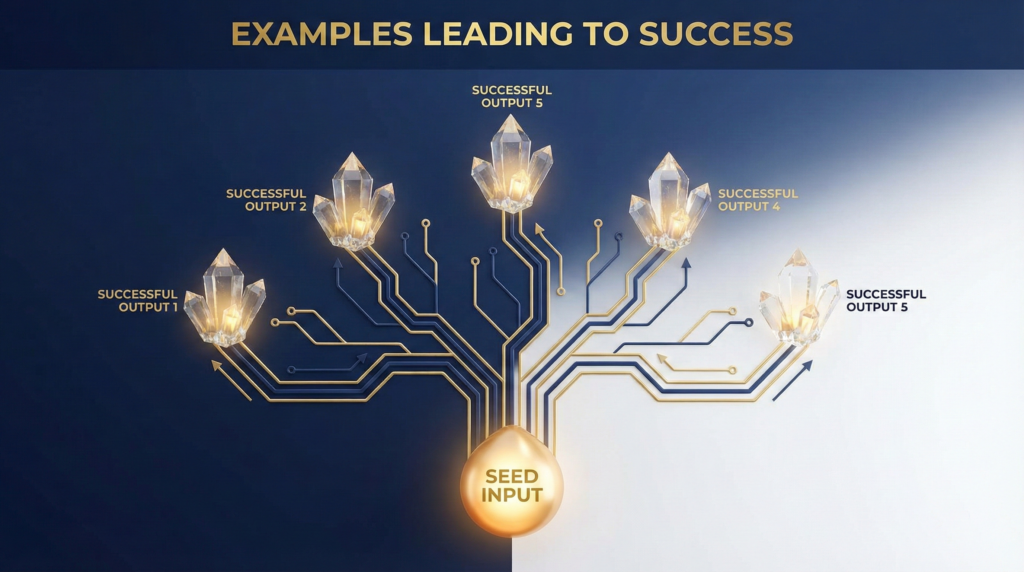 1つの例示から複数の素晴らしい結果が生まれる様子を描いたフロー図的イメージ