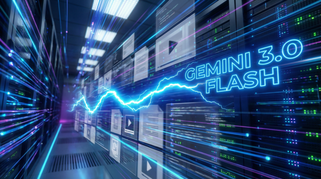 閃光（Flash）のように高速でデータ処理を行うGeminiのイメージ。青い稲妻とデータストリーム