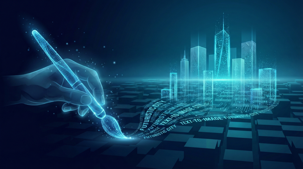 テキスト入力から未来的な都市の画像が生成される瞬間のデジタルアート