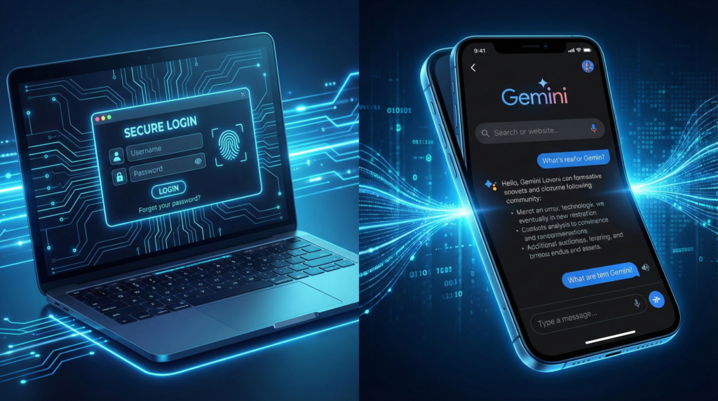 PCとスマートフォンでGeminiを起動している様子を表した未来的イラスト