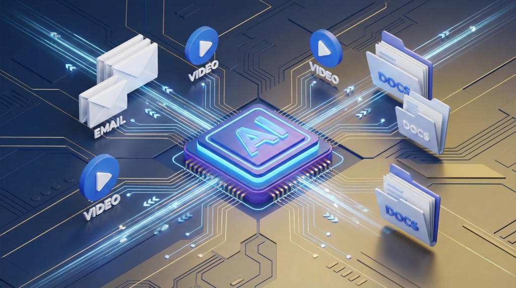 Geminiがメール、動画、ドキュメントの中心でハブとして機能している3Dアイソメトリック図