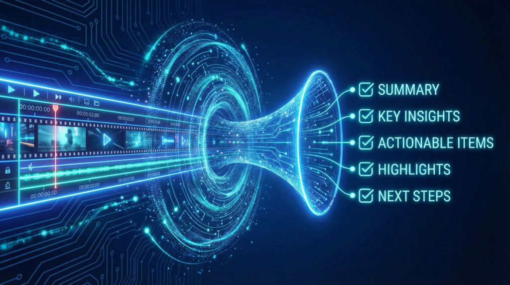 長時間の動画タイムラインが要約された箇条書きリストに圧縮変換されるイメージ