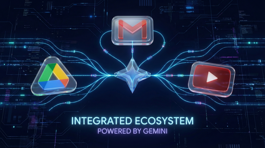 Googleドライブ、Gmail、YouTubeのアイコンが青い光のラインで繋がっているネットワーク図