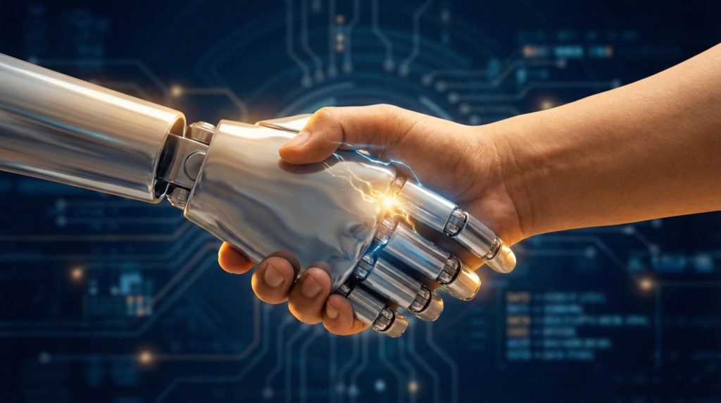人間の手とロボットの手が握手をしている、パートナーシップの象徴