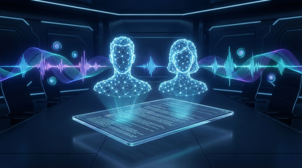 デジタルドキュメントの上で、人間らしい自然な会話音声（波形に息継ぎや笑いが含まれる）を生成している2人のAIアバター。