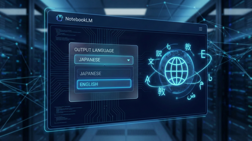 NotebookLMの設定画面で「出力言語」の選択肢（日本語、英語など）が表示されている様子と、多言語対応を示す地球のアイコン。