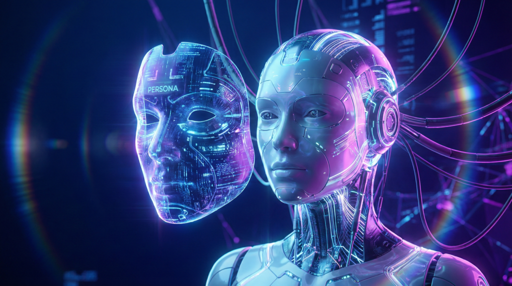 デジタルなマスク（仮面）を被ることで専門家に変身するAIのイメージ