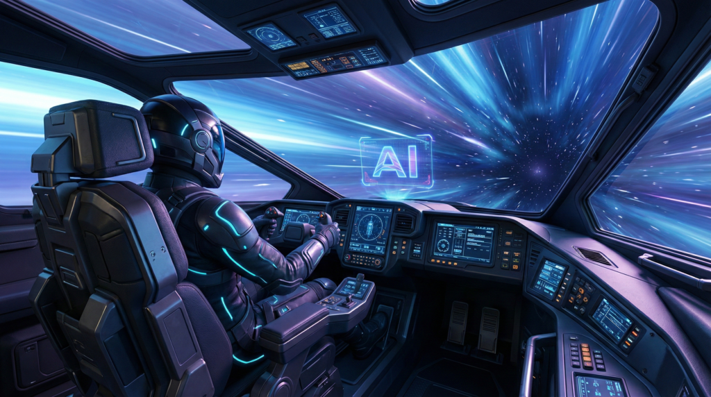 AIという宇宙船のコックピットに座り未来へ進む人間のパイロット