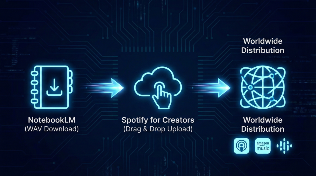 NotebookLMからのダウンロード、Spotifyへのアップロード、そして世界への配信という一連の流れを示したシンプルな図。
