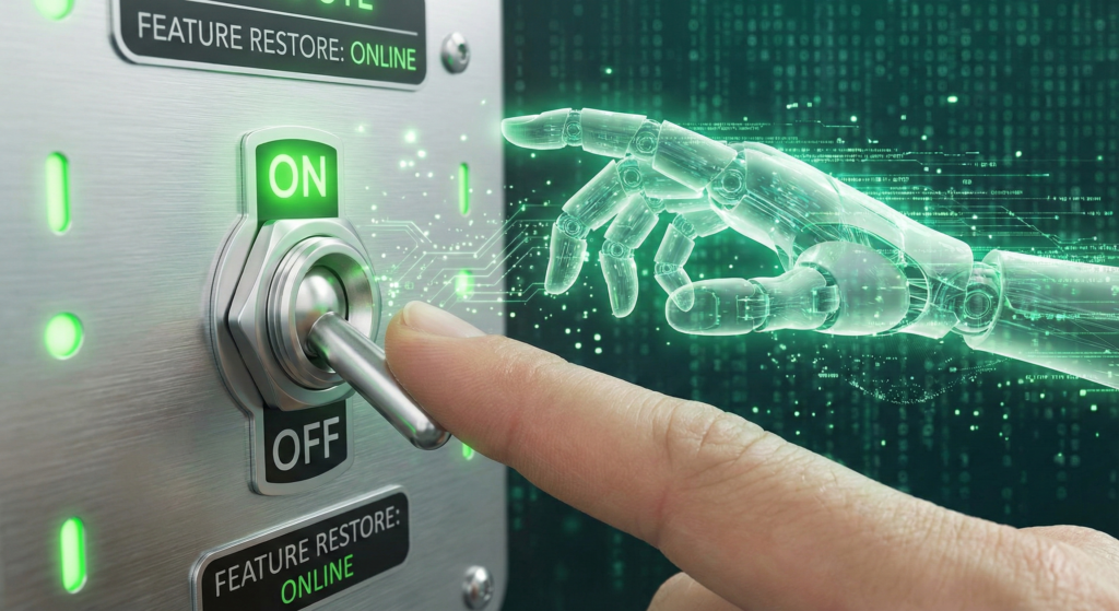 Copilot機能を再び有効化するスイッチと復元されるAIアシスタントのイメージ