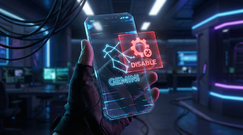 スマートフォンの画面からAIアシスタントの光が溢れ出し、少し困惑しているユーザーの手元。設定画面のホログラム