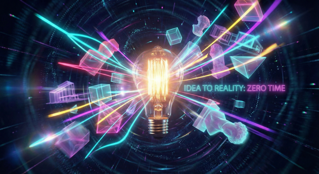電球（アイデア）から光の速さでデジタルな構造物が生成される、思考の即時具現化のイメージ